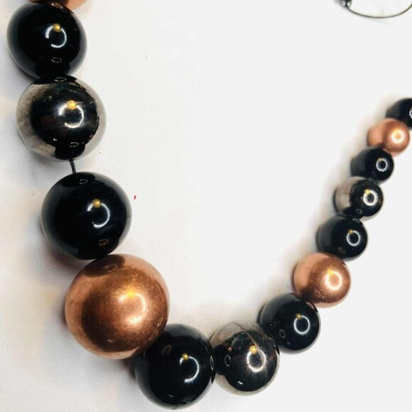 Vintage Hand-Painted Wood Bead Necklace 1980s, Black & Copper, Adjustable 82 cm - Picture 6 of 10